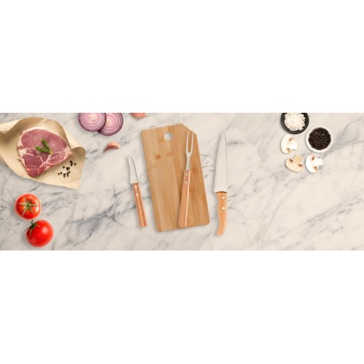 Kit Cozinha em Bambu com Facas e Garfo Personalizado