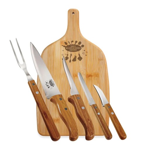 Kit para Cozinha em Bambu com Tábua e Facas para Brindes