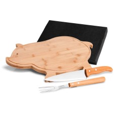 Kit para Cozinha em Bambu / Inox com Tábua Formato Porco com Logo